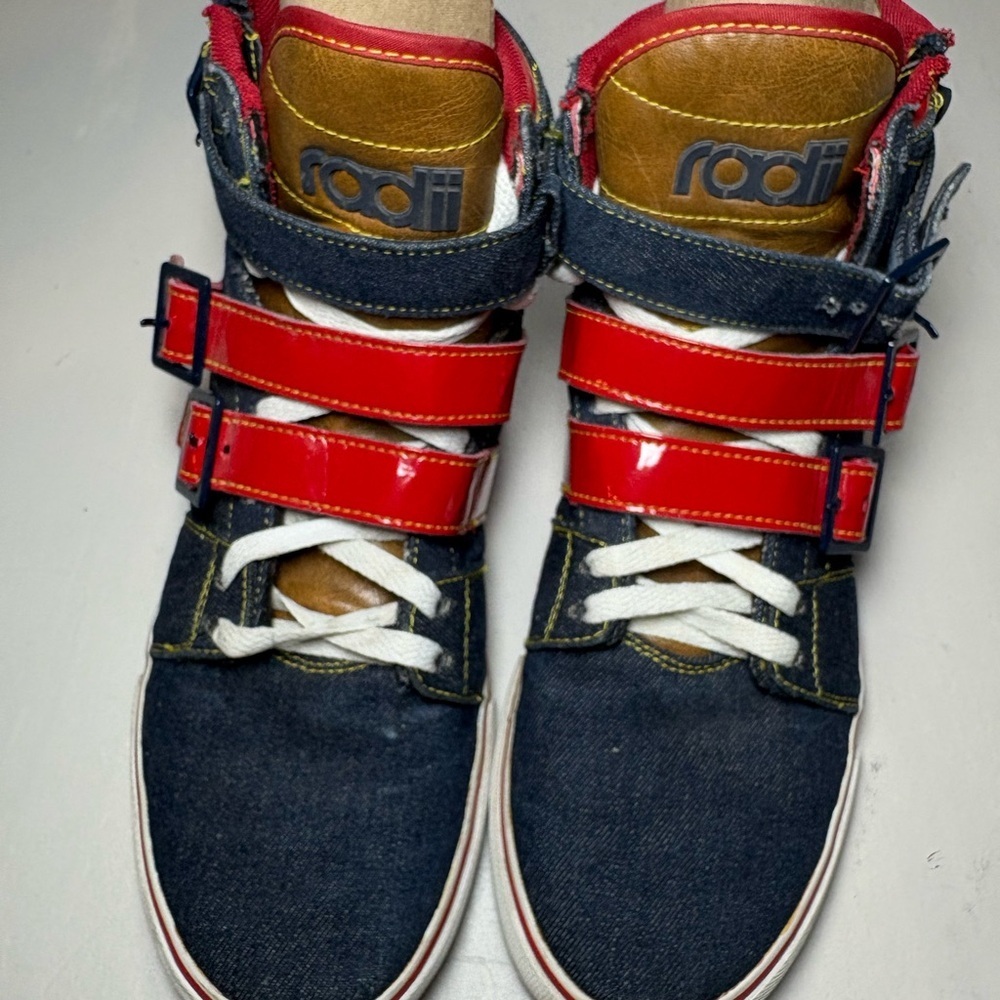 Radii Straight Jacket High Top Sneakers Denim & Red Patent Leather Men’s 9